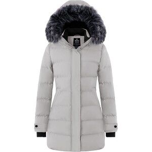 Women's Gray Long Quilted Winter Coat Puffer Jacket With Hood